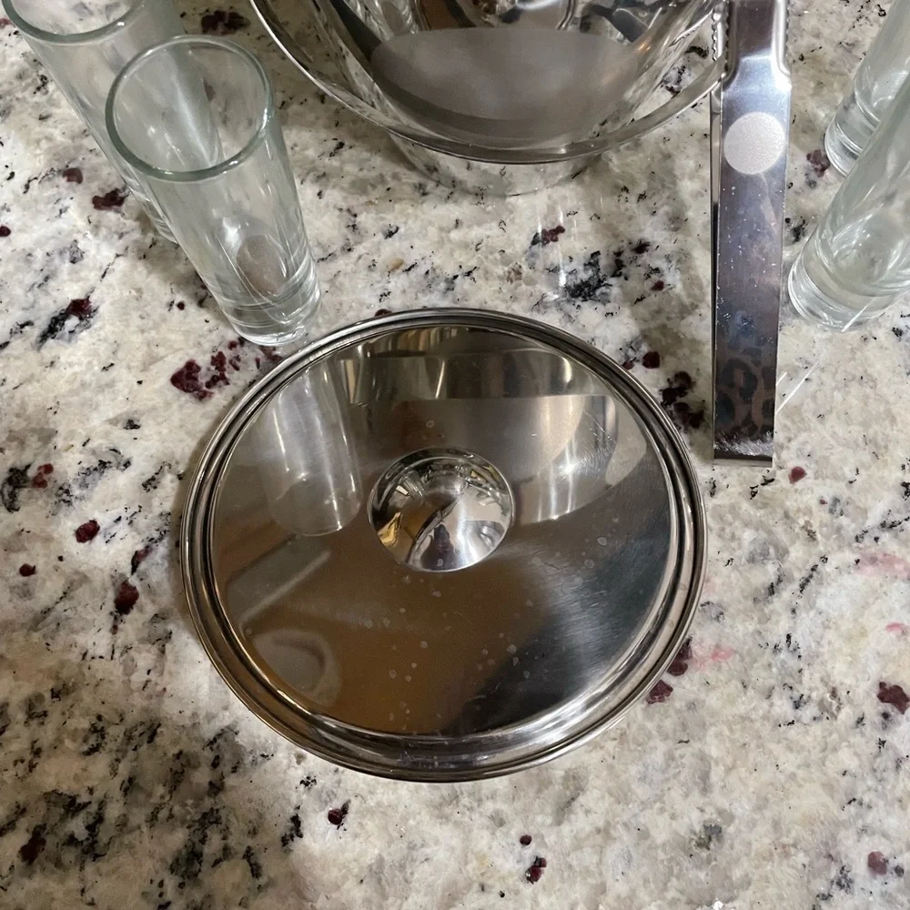 Oggi Elegant Stainless Steel Ice Bucket Set w Tongs and 4 highball glasses NEW